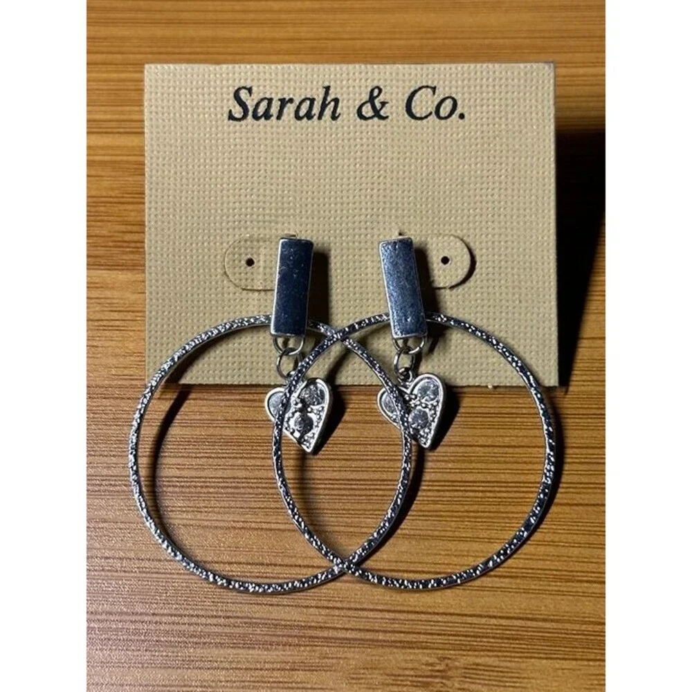Sarah & Co Silver Tone Hoop Earrings with Rhinestone Heart Charm Dangle New